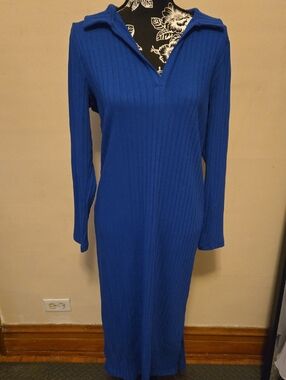 Womens Size Large Old Navy Classic Ribbed V-Neck Long Sleeve Dress in Royal Blue